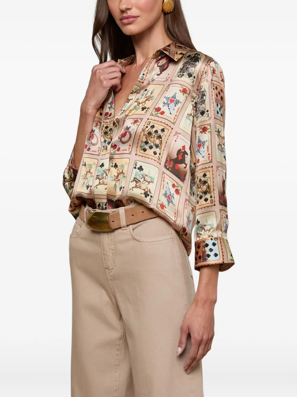 L'agence Dani Three-quarter-sleeve Printed Shirt In Neutral