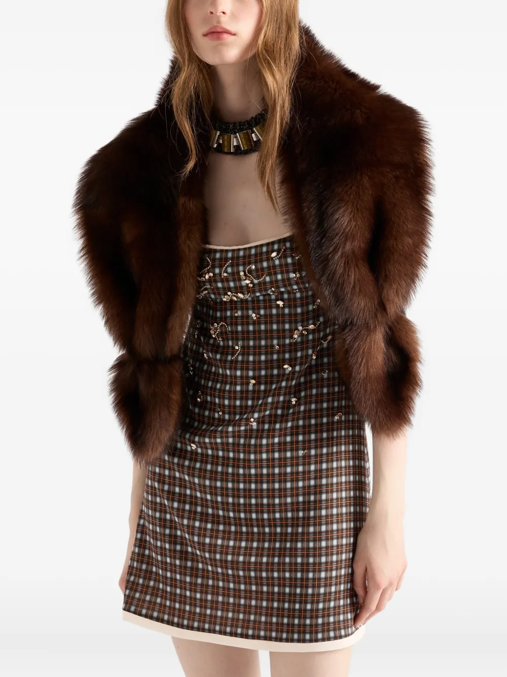 Prada Embellished Checked Mini Dress In Brown