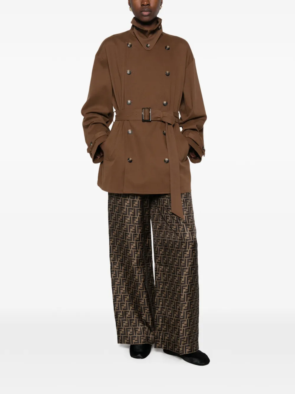 FENDI Zijden plooibroek met FF-monogram Bruin