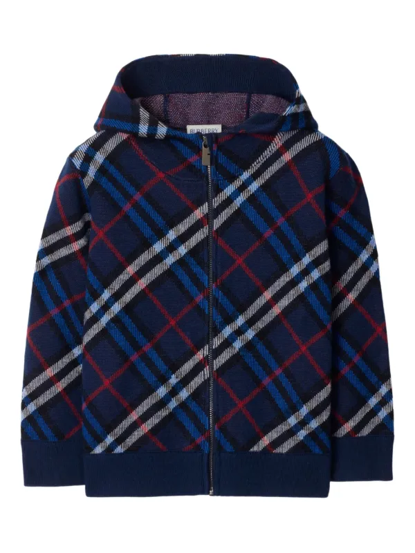 Burberry Kids Felpa In Lana a Quadri Con Zip e Cappuccio Blu