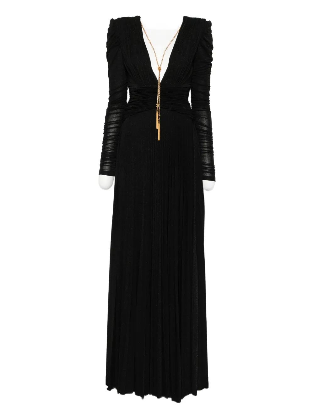 Elisabetta Franchi Chain Detail Pleated Dress With Ruched V-neckline In Black