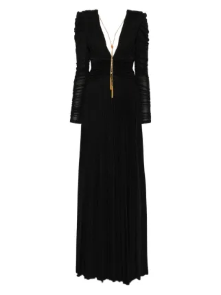 elisabetta franchi pleated long dress Elisabetta Franchi floral-appliqu Pleated Maxi Dress | Brown