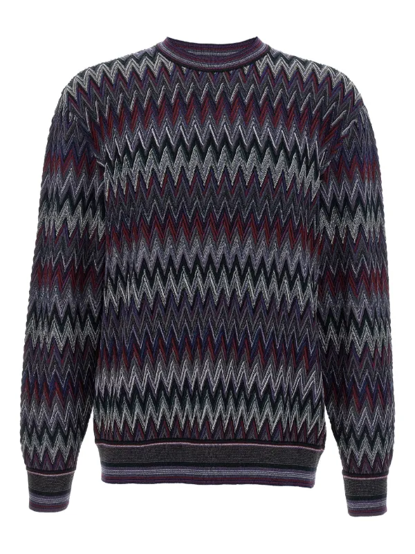 Missoni Crew Neck Sweater with 3d Zigzag Pattern in Blue