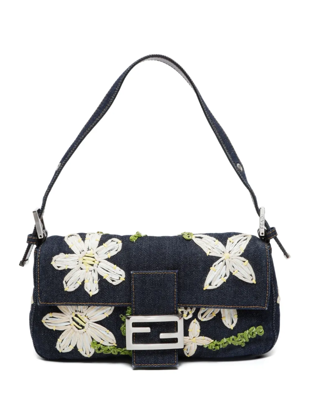 Pre-owned Fendi 1990-2000s Mamma Baguette Denim Flower Shoulder Bag In Blue