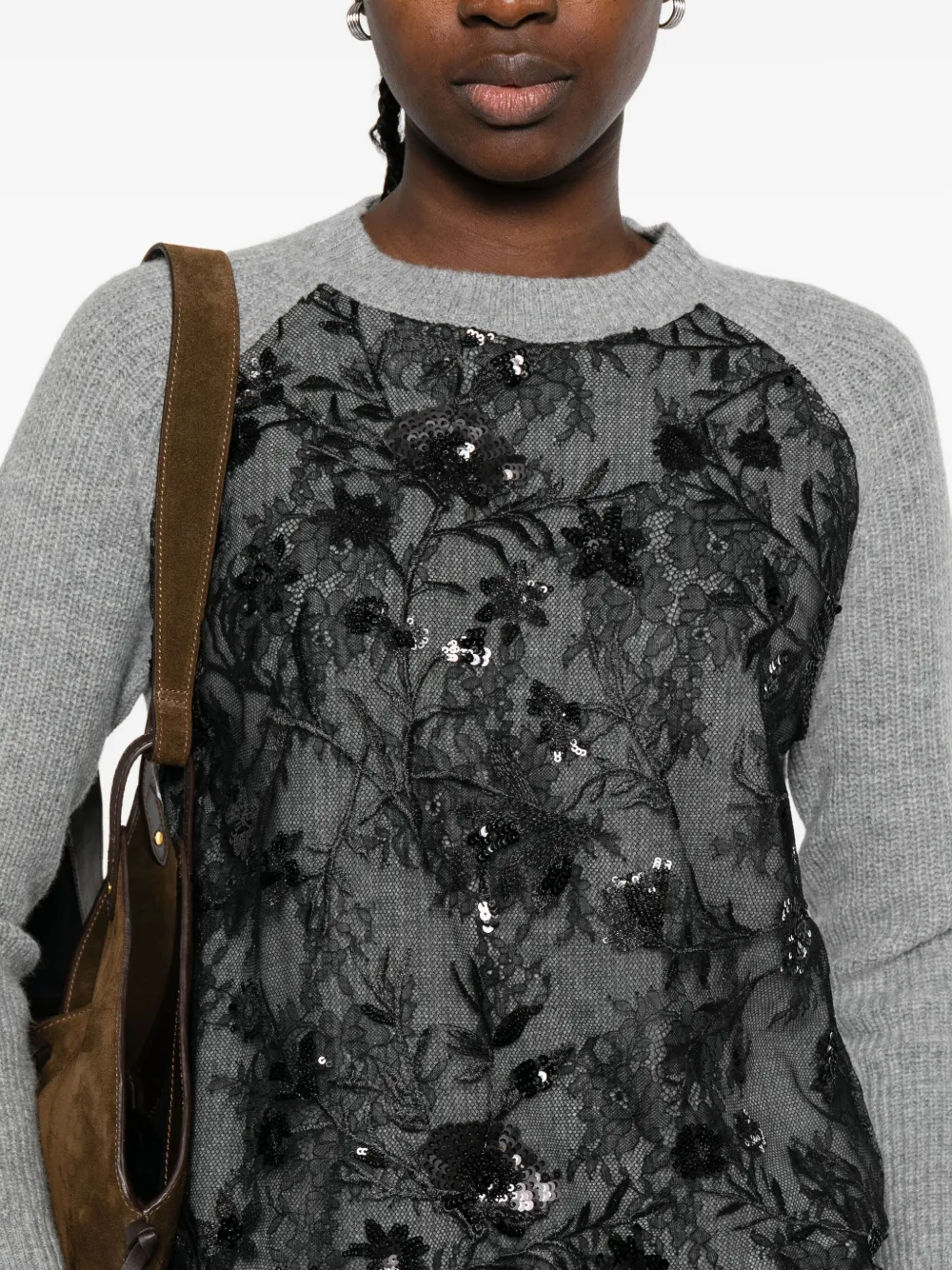 Ermanno Firenze Sequin-embellished Lace-panel Sweater In Gray