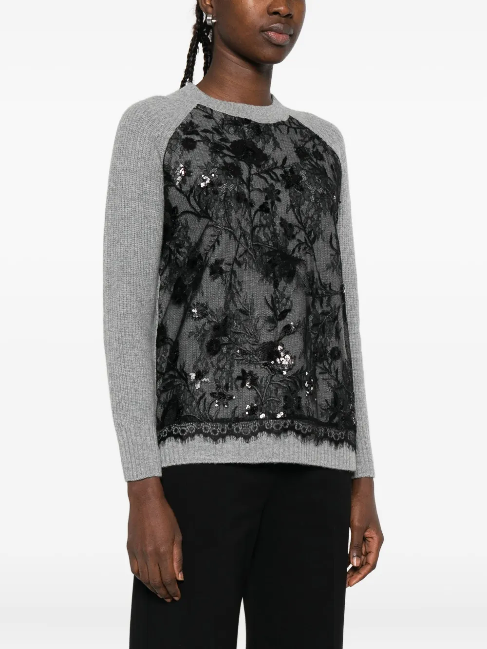 Ermanno Firenze Sequin-embellished Lace-panel Sweater In Gray