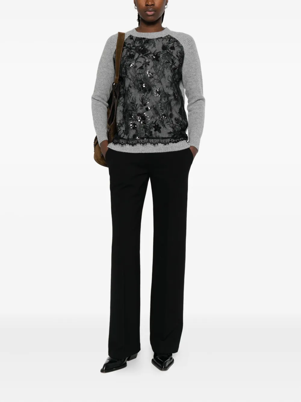 Ermanno Firenze Sequin-embellished Lace-panel Sweater In Gray