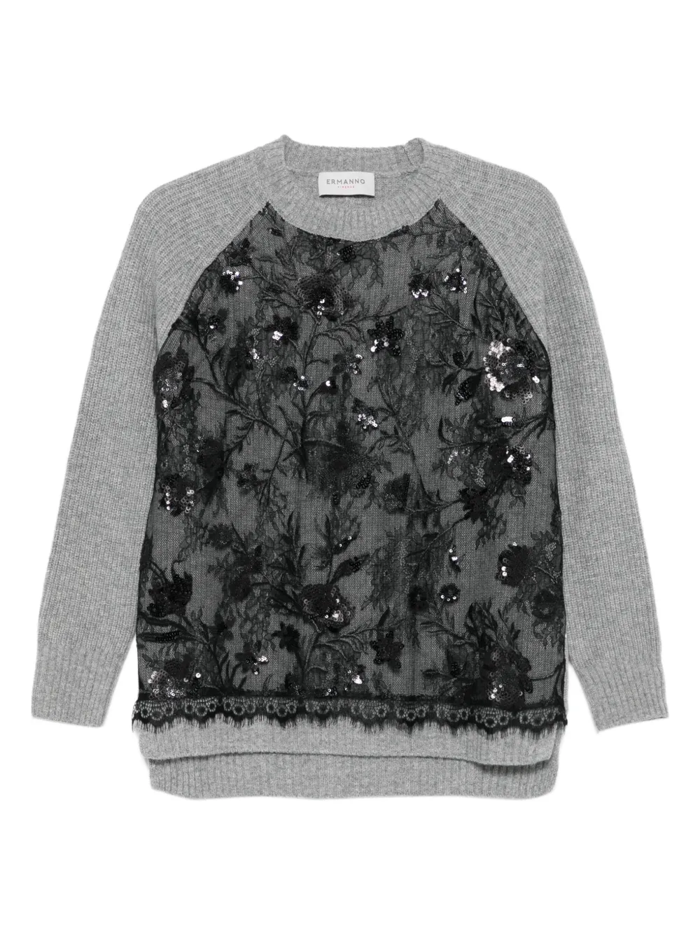 Ermanno Firenze Sequin-embellished Lace-panel Sweater In Gray