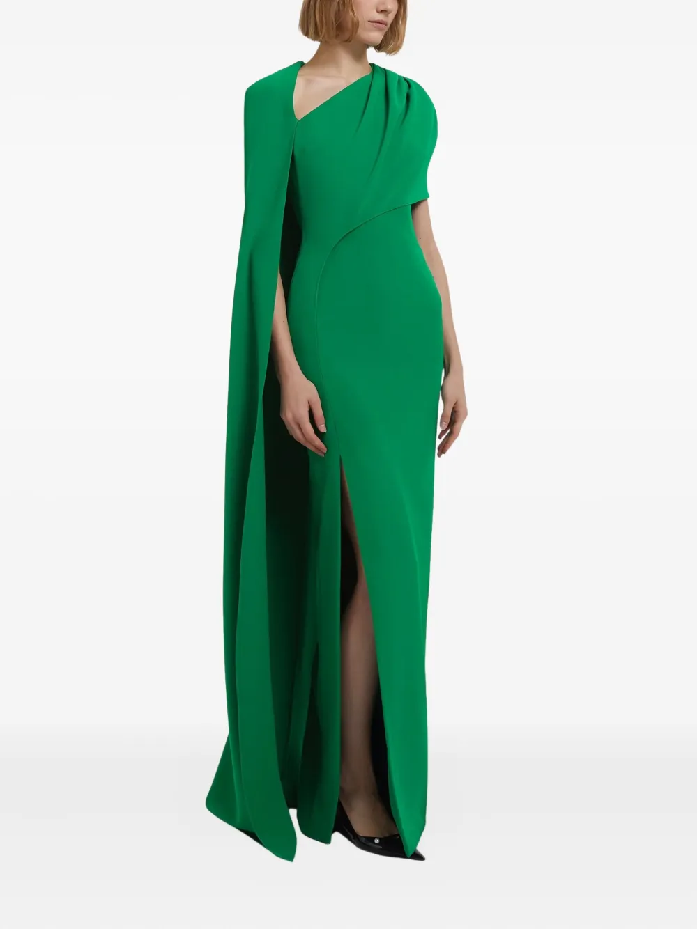 Safiyaa Asymmetric Cape Column Gown In Green