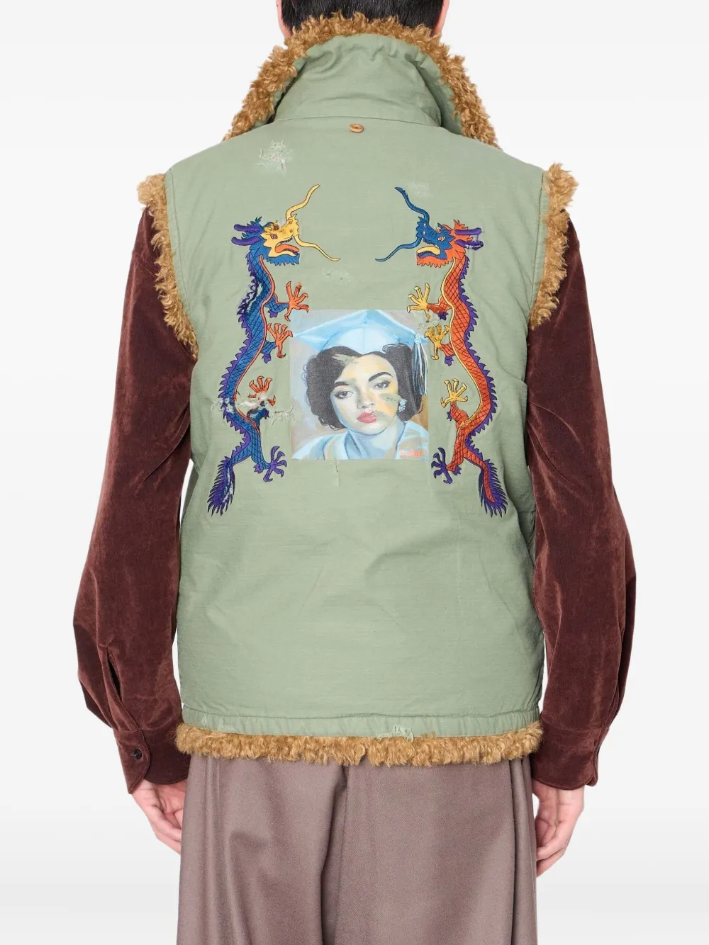 Kolor Dragon-embroidered Shearling Gilet In Brown
