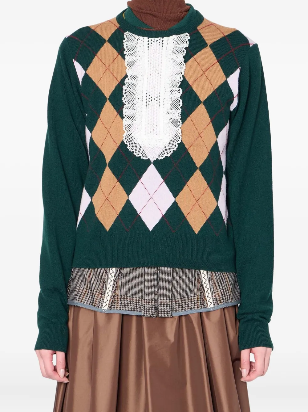 Kolor Argyle-pattern Lace-insert Sweater In Green