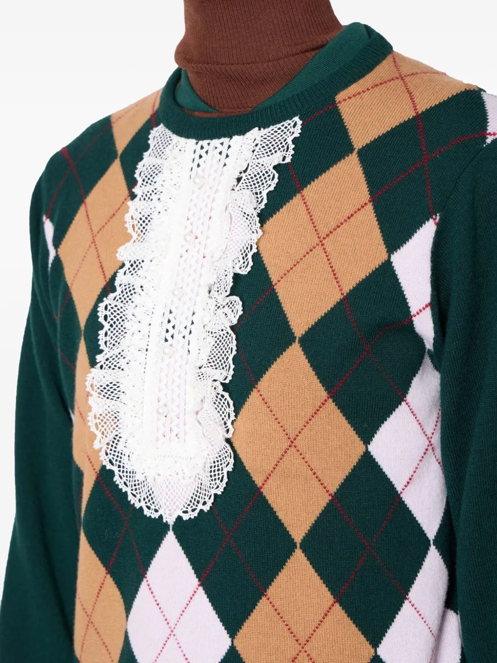 Kolor Argyle-pattern Lace-insert Sweater In Green
