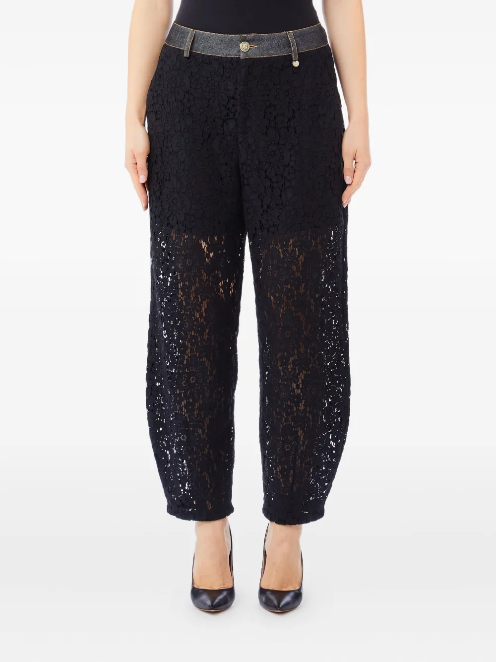 Liu •jo Lace-denim Cotton-blend Trousers In Black