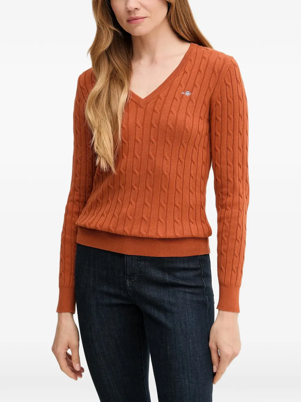 Gant Cable-knit V-neck Sweater In Brown