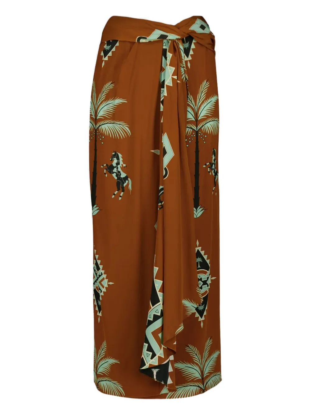 Johanna Ortiz Wrap Horses Palms Print Midi Draped Skirt In Brown