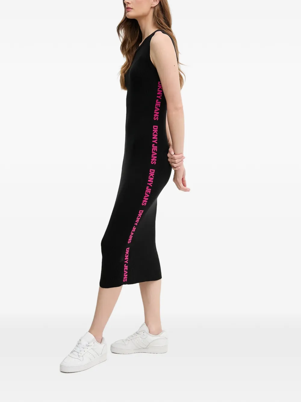 DKNY ribbed text-detail midi dress - Zwart