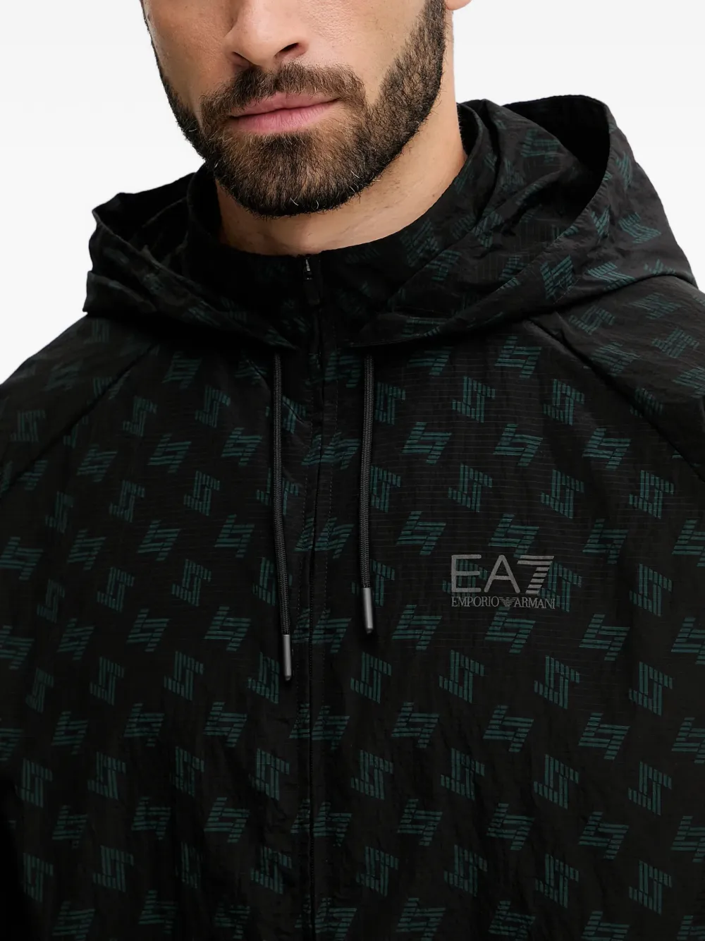 Ea7 Patterned Hooded Jacket In Black