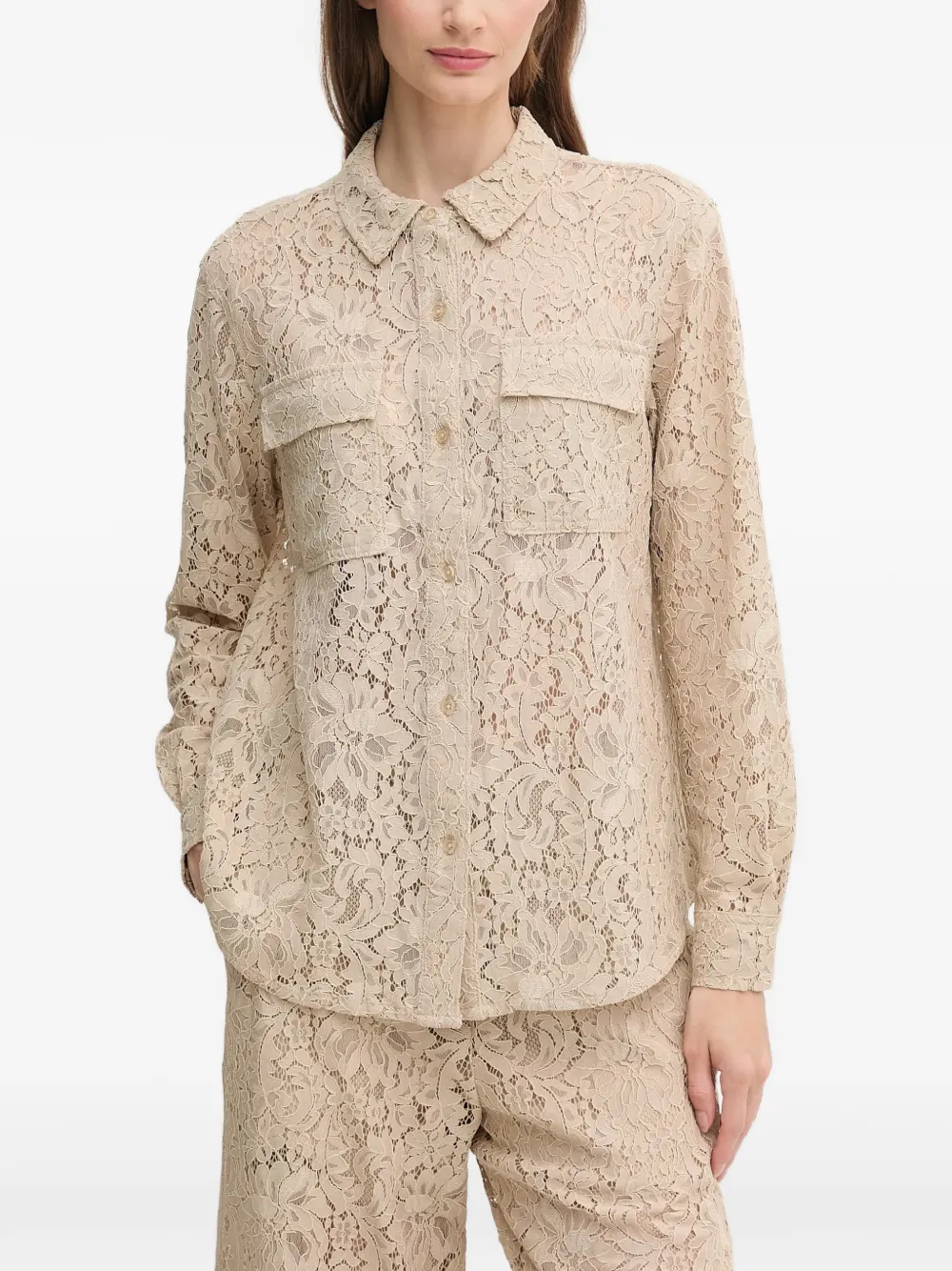 Dkny Lace-detail Pocket Shirt In Brown