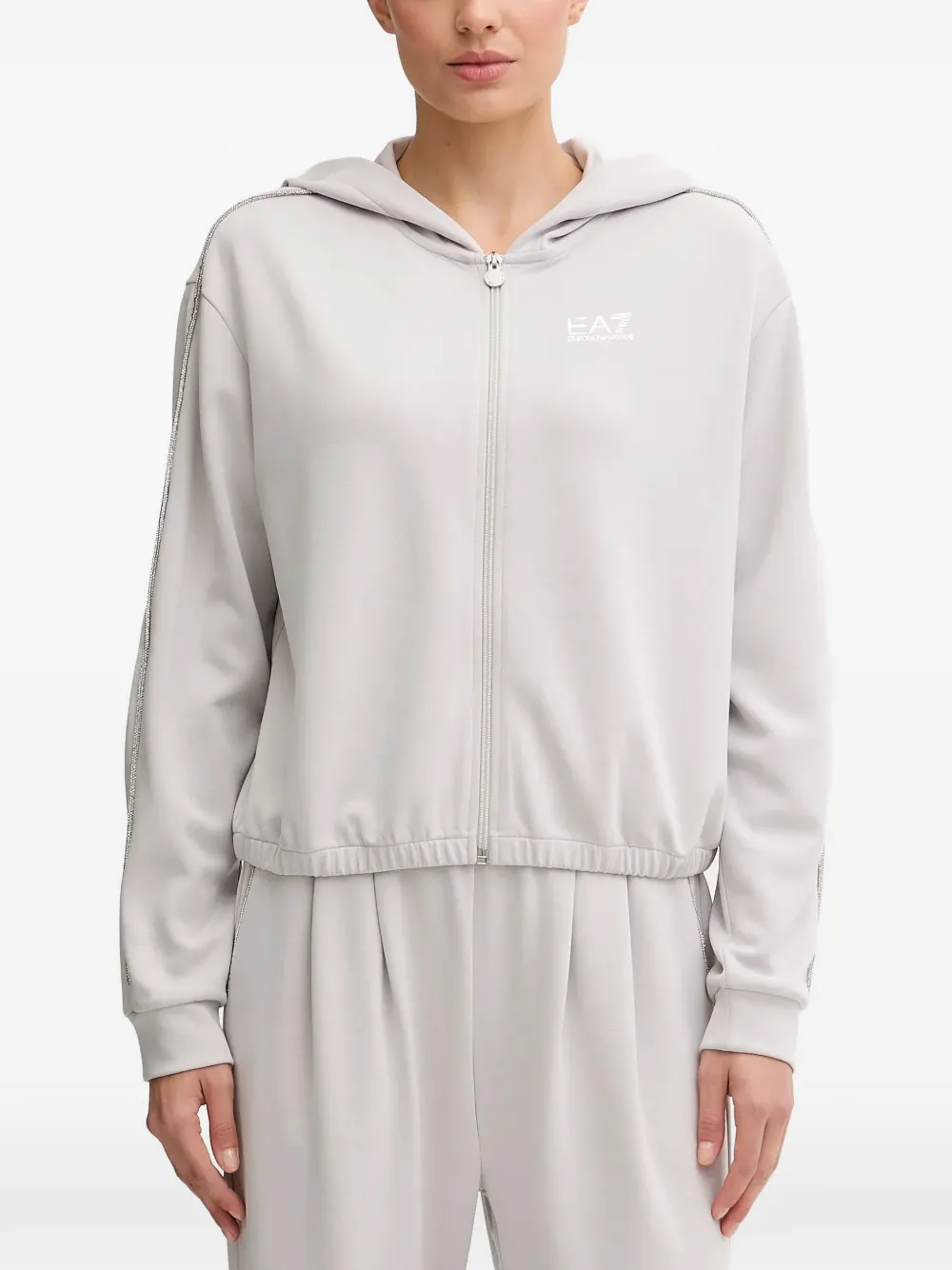 Ea7 Zip-up Embellished Hoodie In Gray