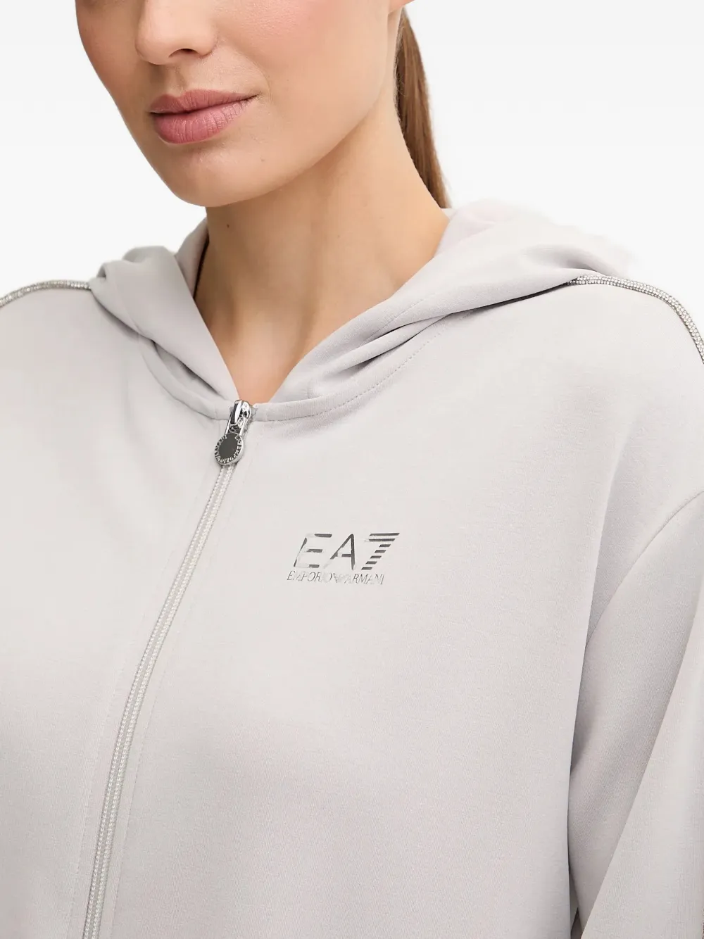 Ea7 Zip-up Embellished Hoodie In Gray