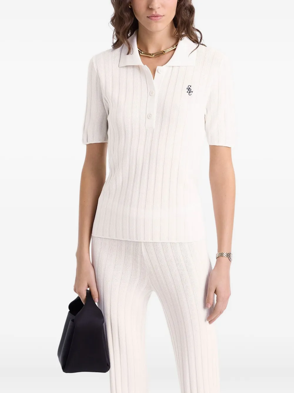 Sporty & Rich SRC ribbed logo polo top Wit