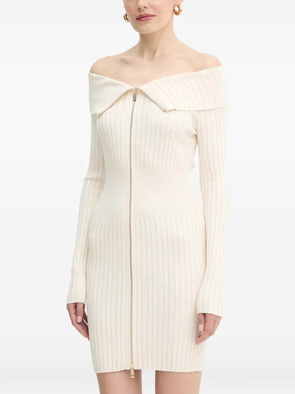 Guess Usa Off-shoulder Zip Mini Dress In Neutral