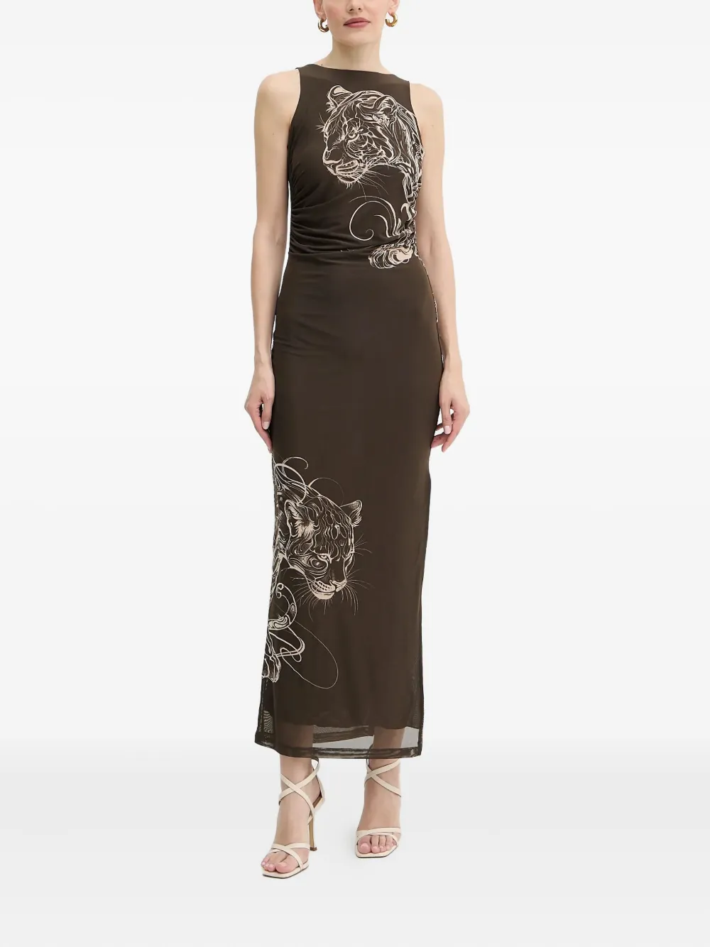 Guess Usa Panther-print Side-split Maxi Dress In Brown