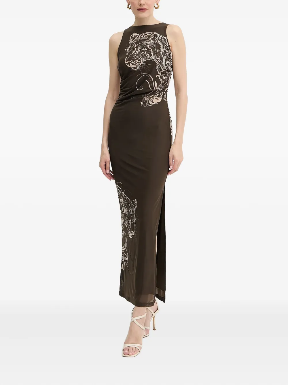 Guess Usa Panther-print Side-split Maxi Dress In Brown