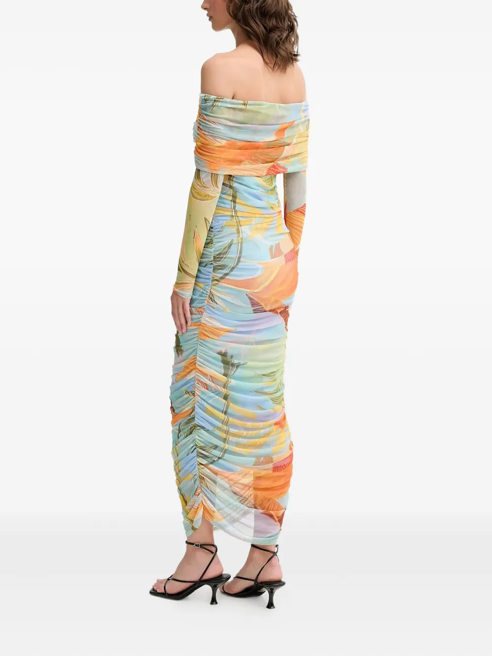 Never Fully Dressed Ruched Off-shoulder Maxi Dress In Multi