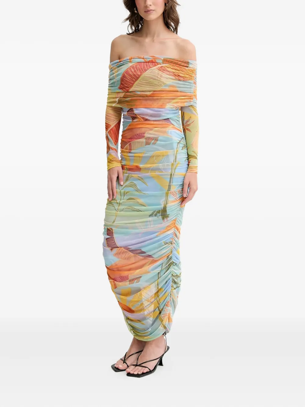 Never Fully Dressed Ruched Off-shoulder Maxi Dress In Multi