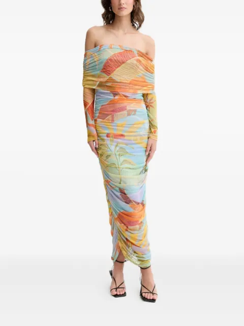 NEVER FULLY DRESSED vestido largo fruncido con hombros descubiertos