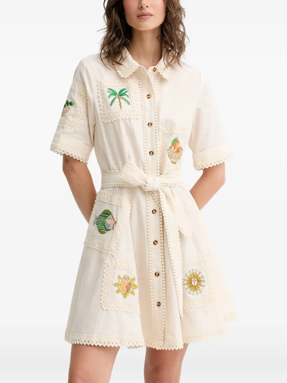 NEVER FULLY DRESSED details-embroidered mini shirt dress - Toni neutri