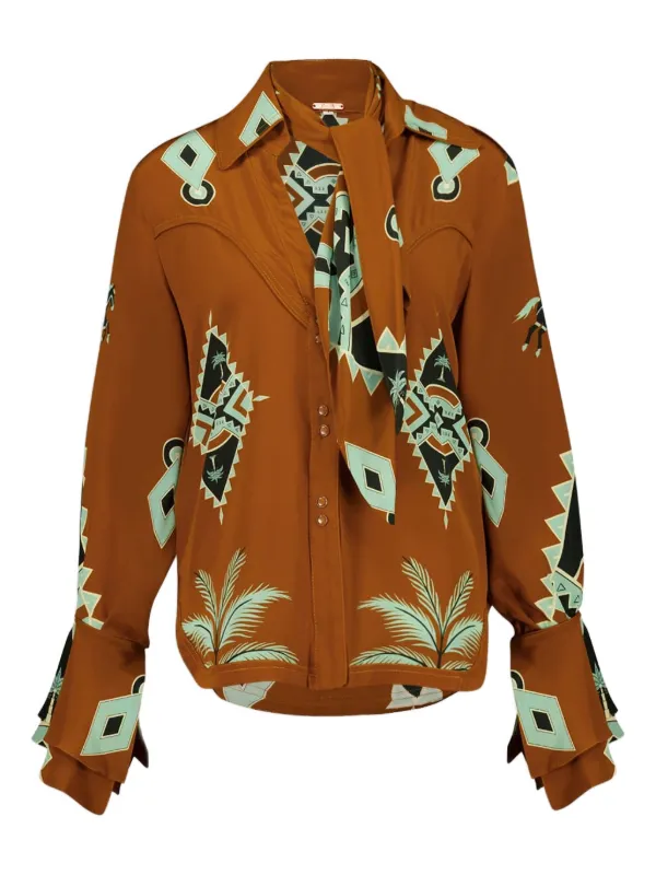 Johanna Ortiz Geometric-print V-neck Shirt in Brown