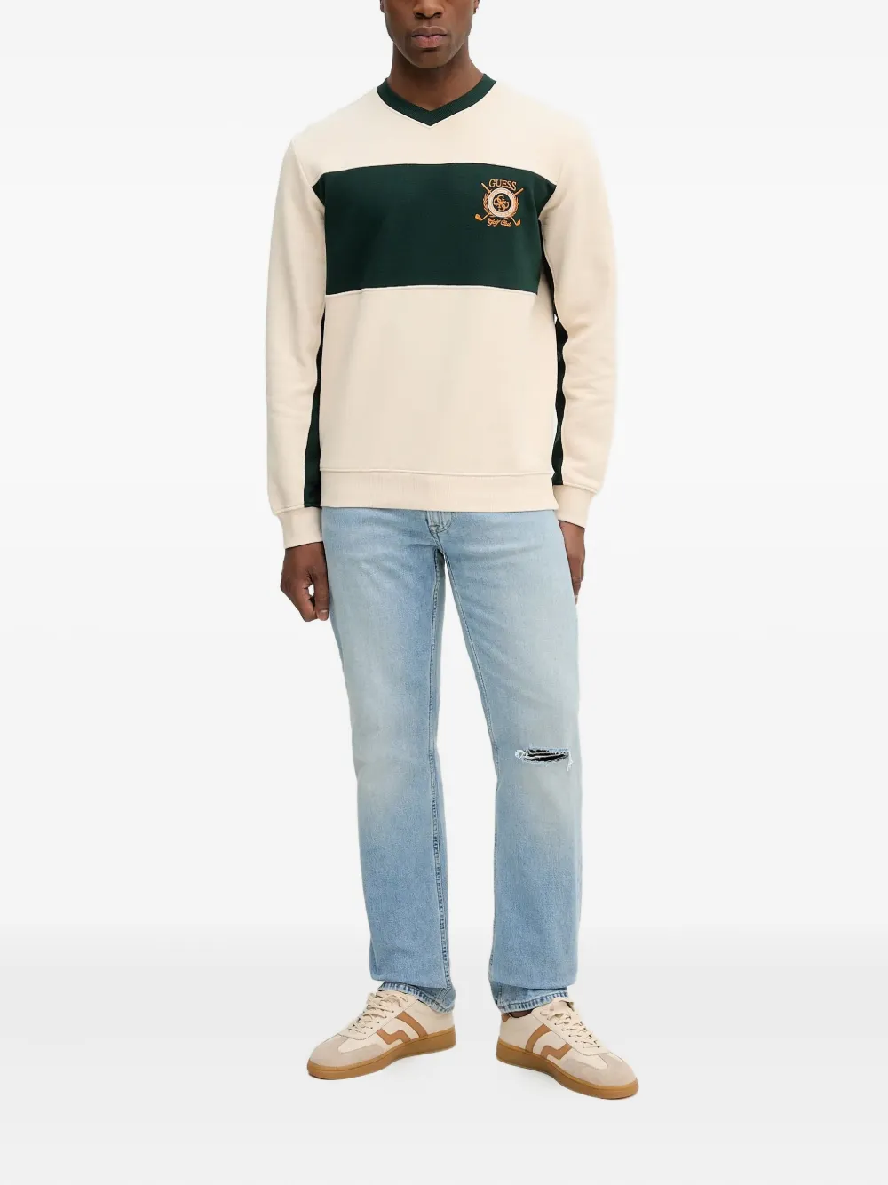 GUESS USA embroidered-logo V-neck sweatshirt - Beige