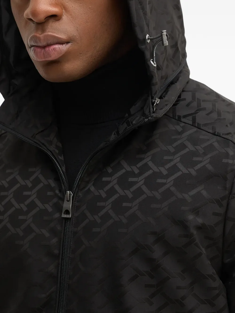 Guess Usa Monogram-pattern Hooded Jacket In Black