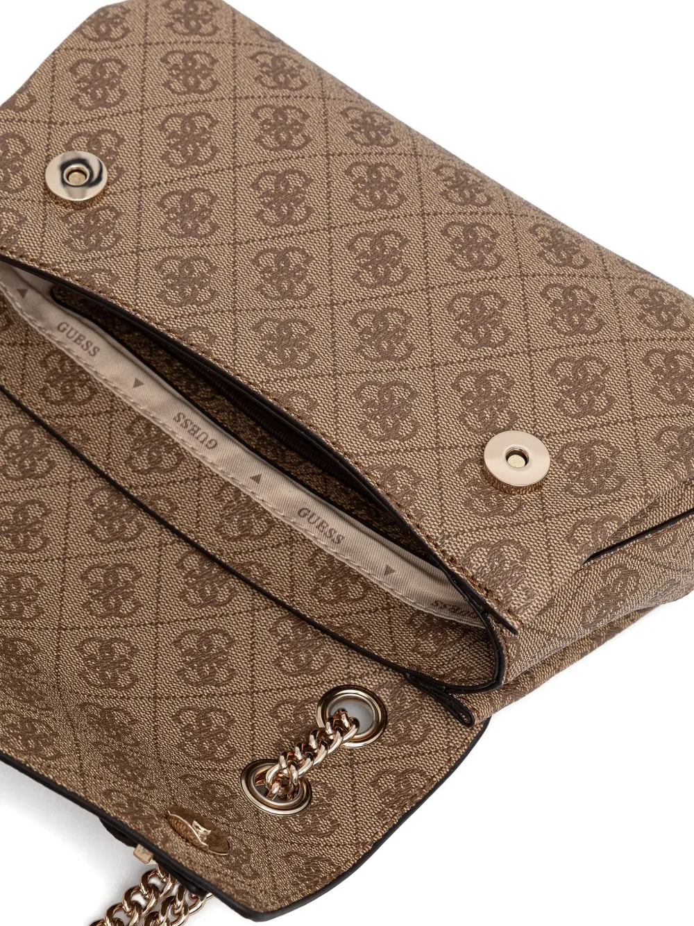Guess Usa Monogram-pattern Chain Satchel In Brown