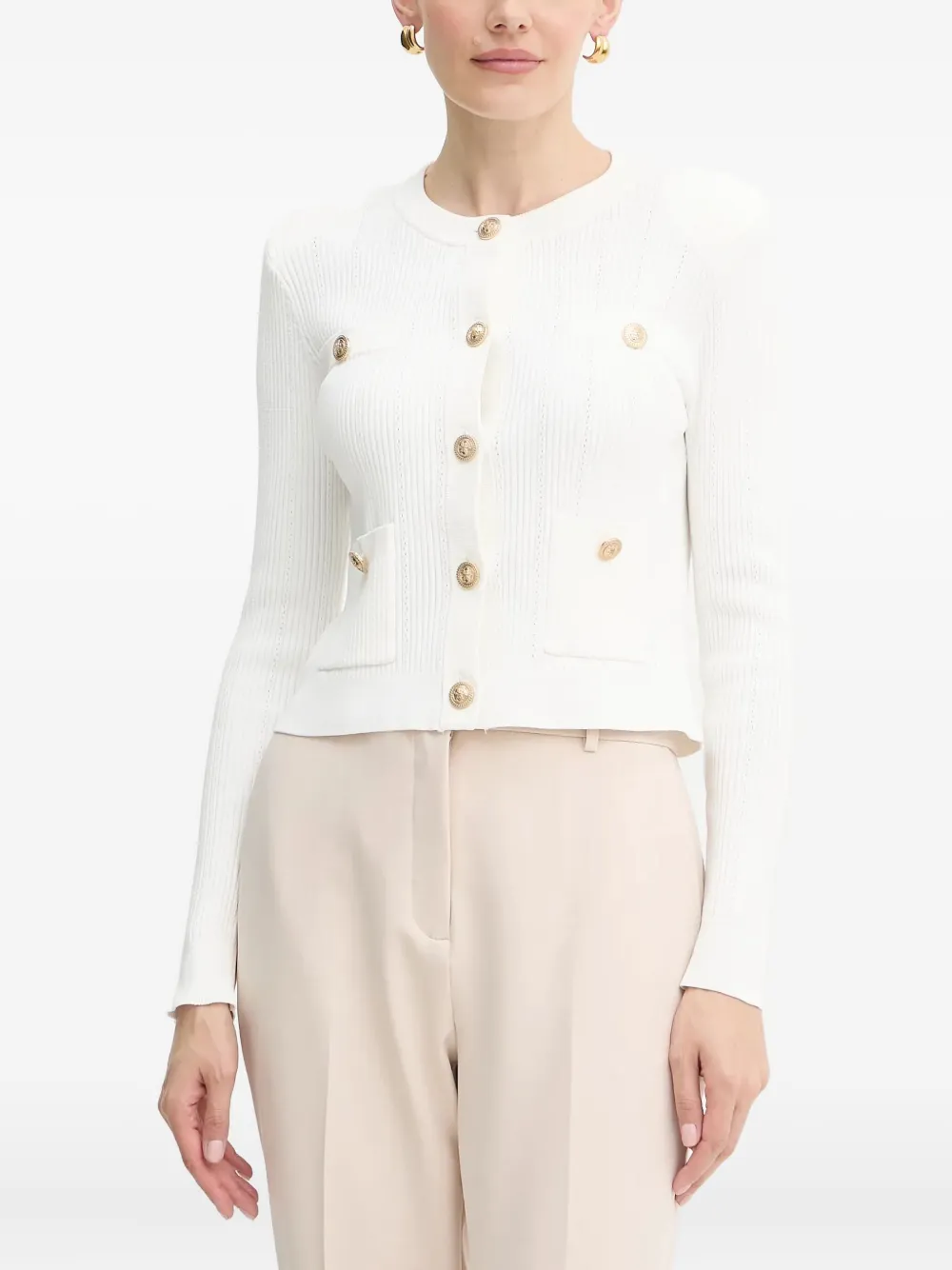 Guess Usa Ribbed Buttoned Cardigan In White