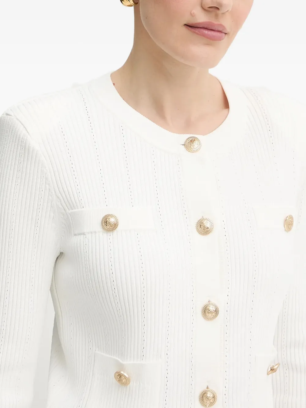 Guess Usa Ribbed Buttoned Cardigan In White