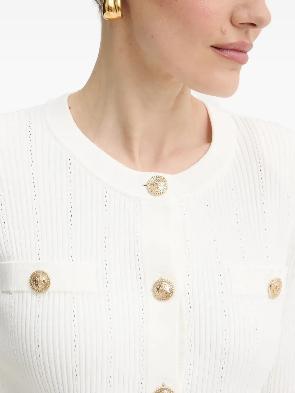 Guess Usa Ribbed Buttoned Cardigan In White