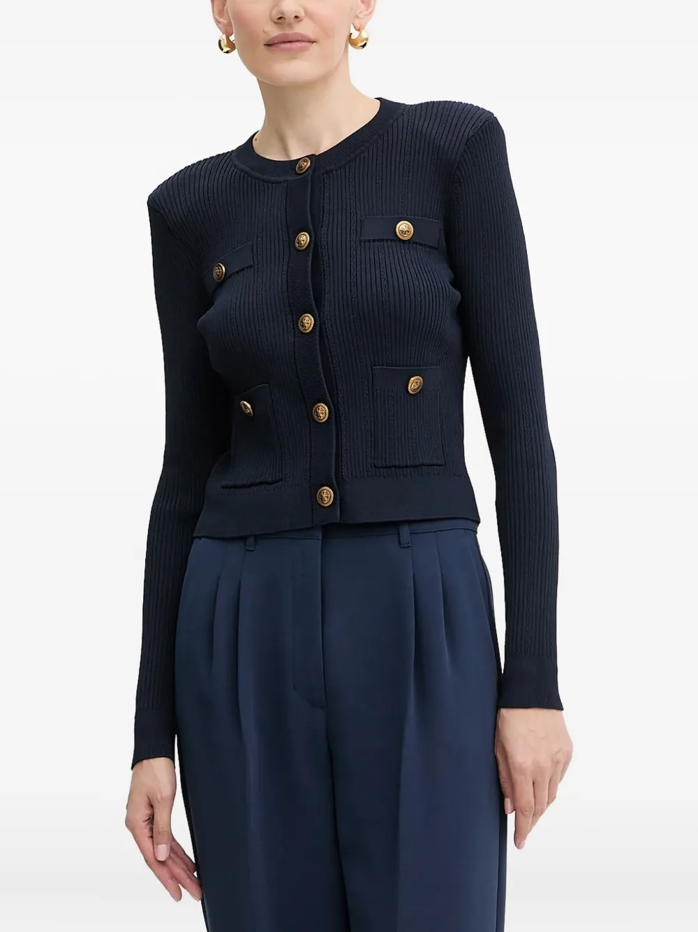 Guess Usa Ribbed Button-embellished Cardigan In Blue