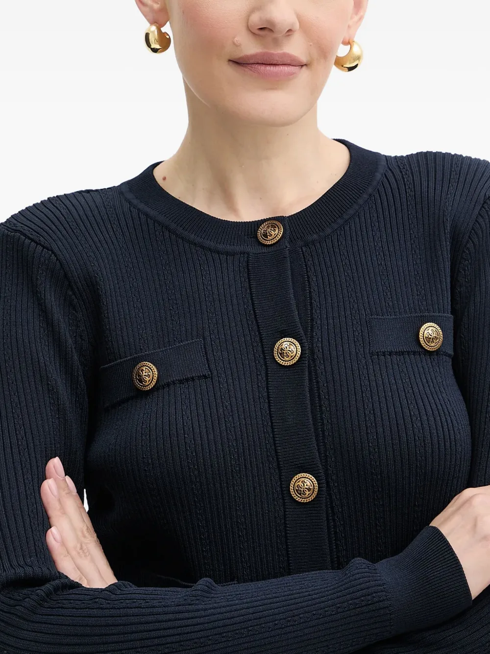 Guess Usa Ribbed Button-embellished Cardigan In Blue