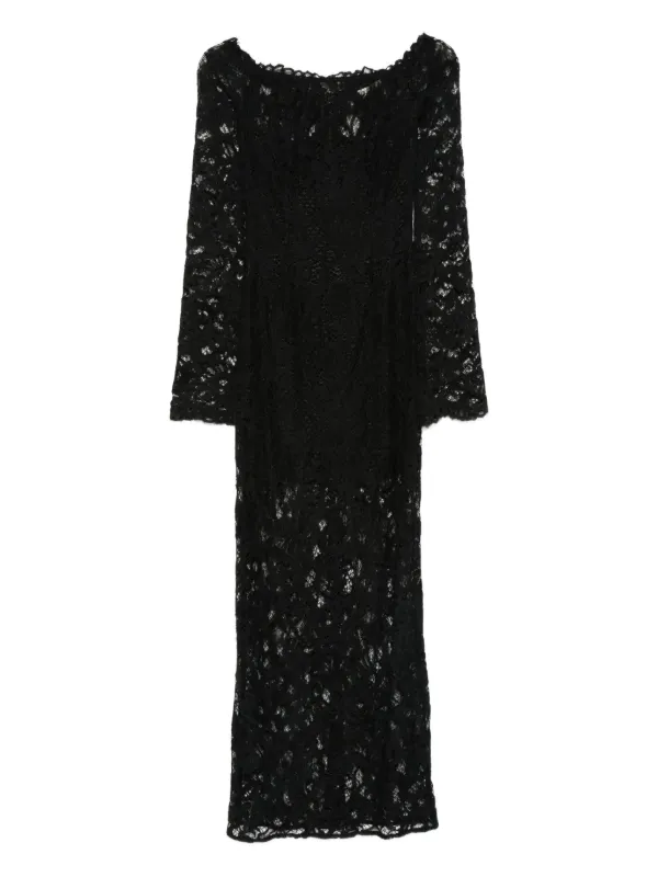 chinese dress ladies Black Boat Neck Lace Fit and Flare Maxi Dress for Women