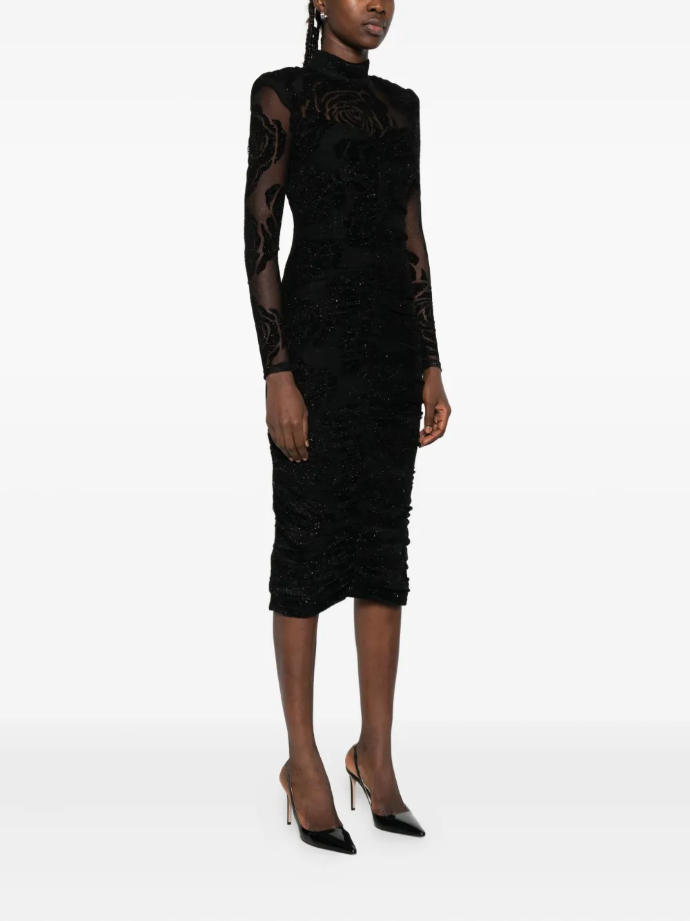 NISSA rose-print gathered midi dress Zwart