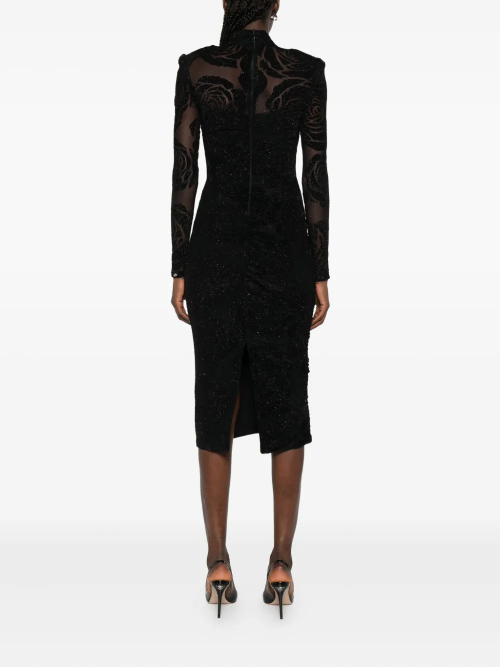 NISSA rose-print gathered midi dress Zwart