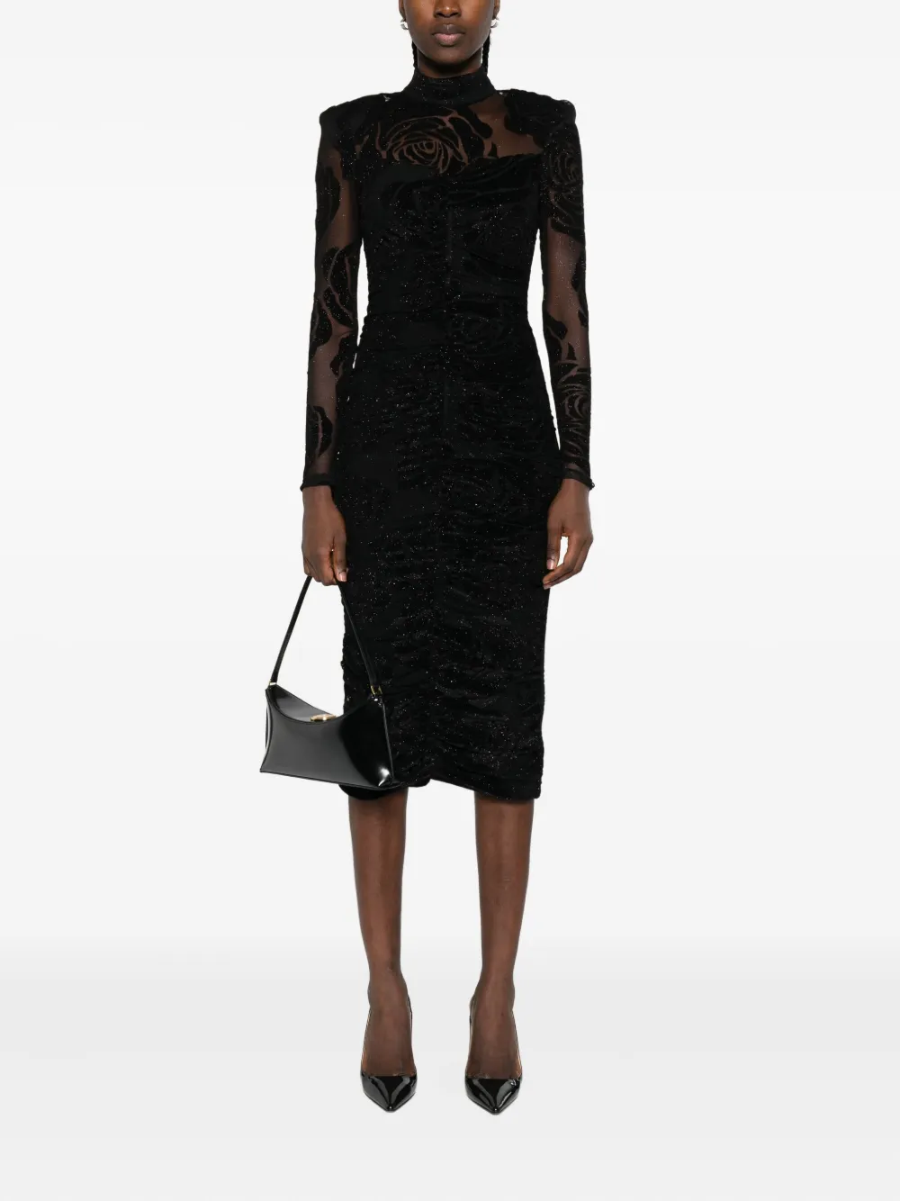 NISSA rose-print gathered midi dress Zwart