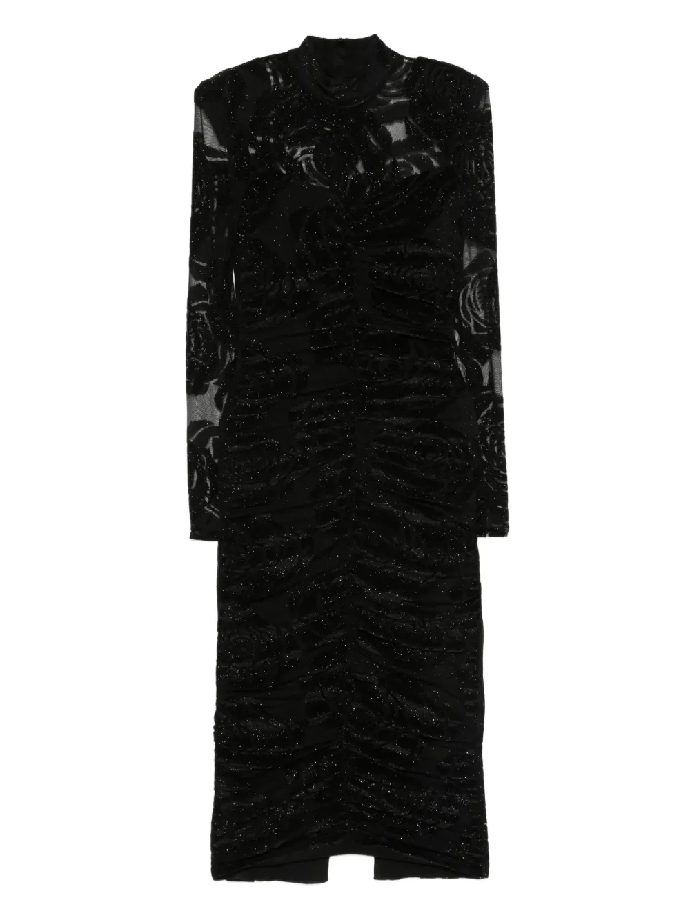 NISSA rose-print gathered midi dress Zwart