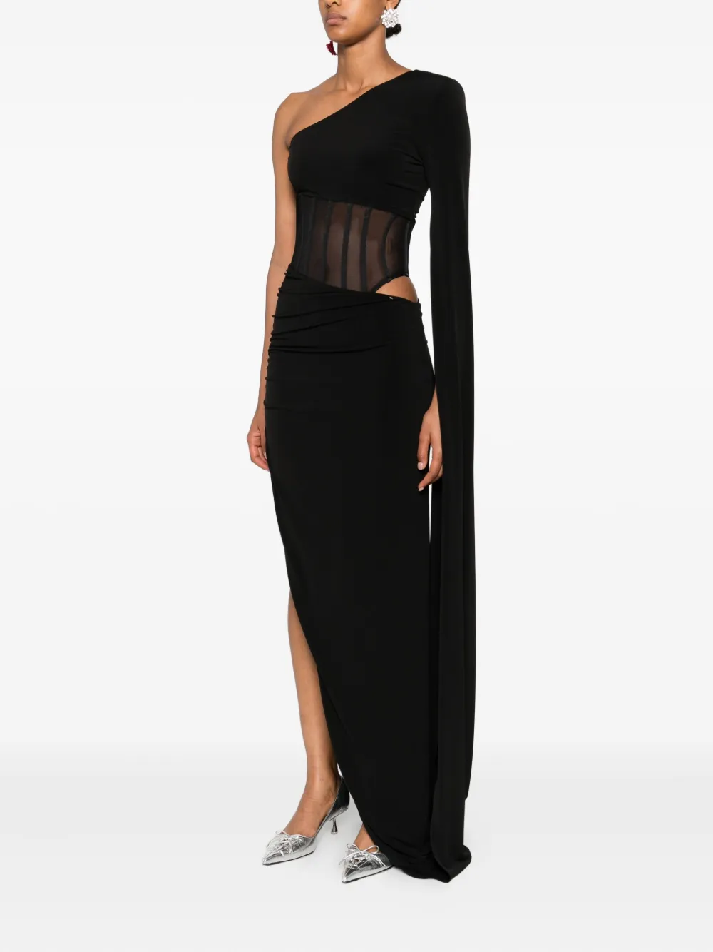 NISSA one-shoulder sheer-insert maxi dress Zwart