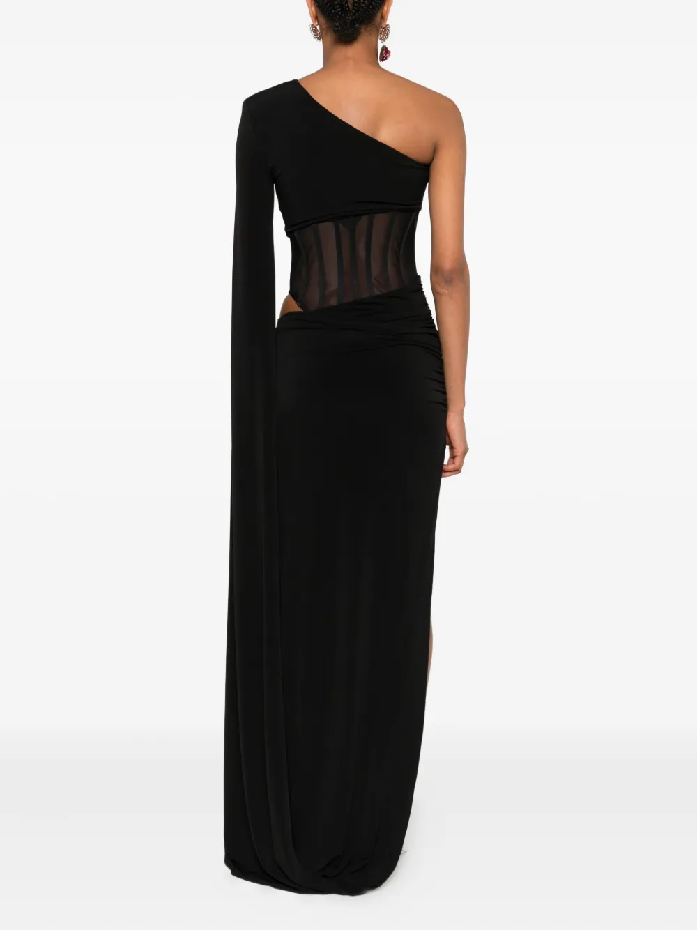 NISSA one-shoulder sheer-insert maxi dress Zwart