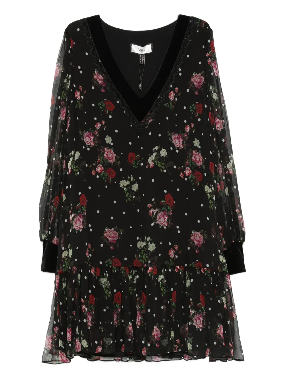 NISSA floral polka-dot mini dress Zwart