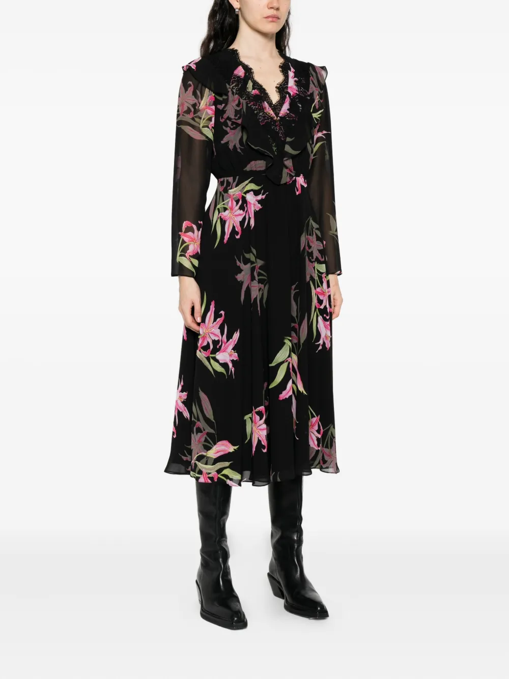 NISSA floral-print midi dress Zwart